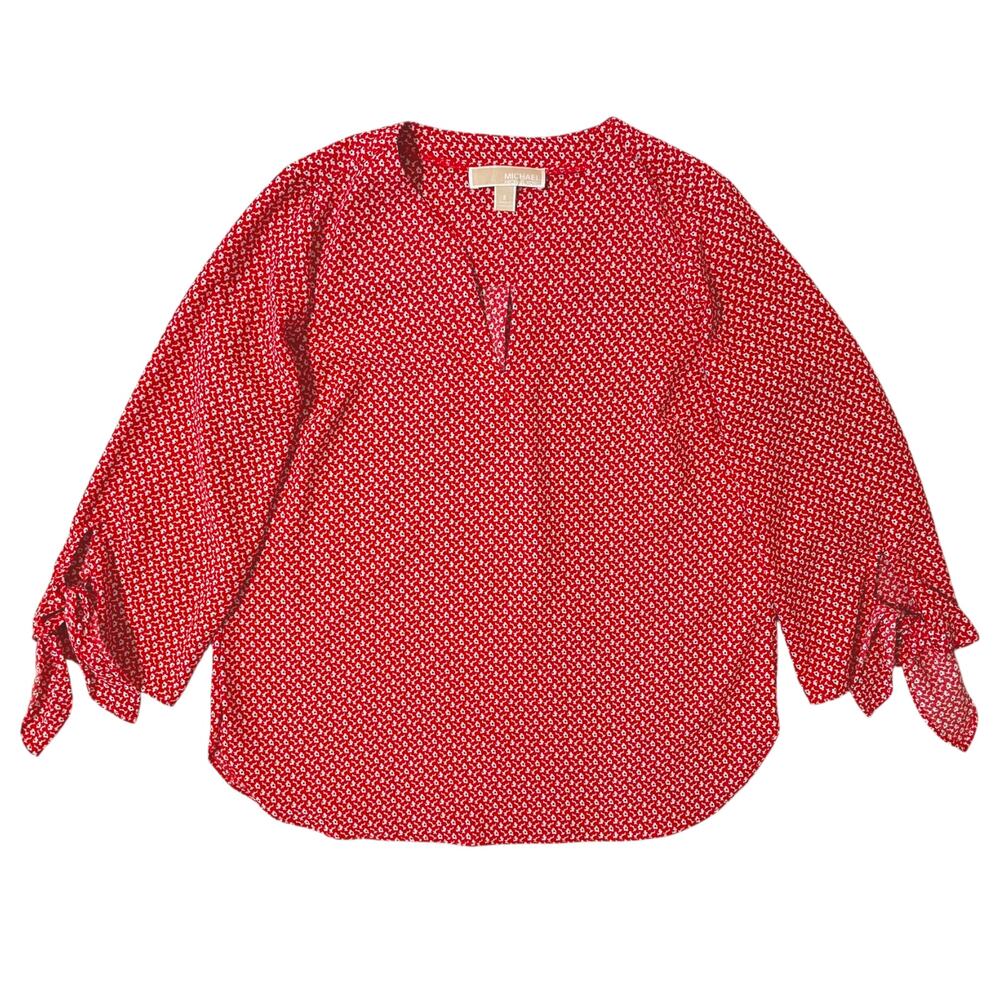 Michael Kors Blouse Womens Size S Red Floral Top 3/4 Tie Sleeve Casual Office
